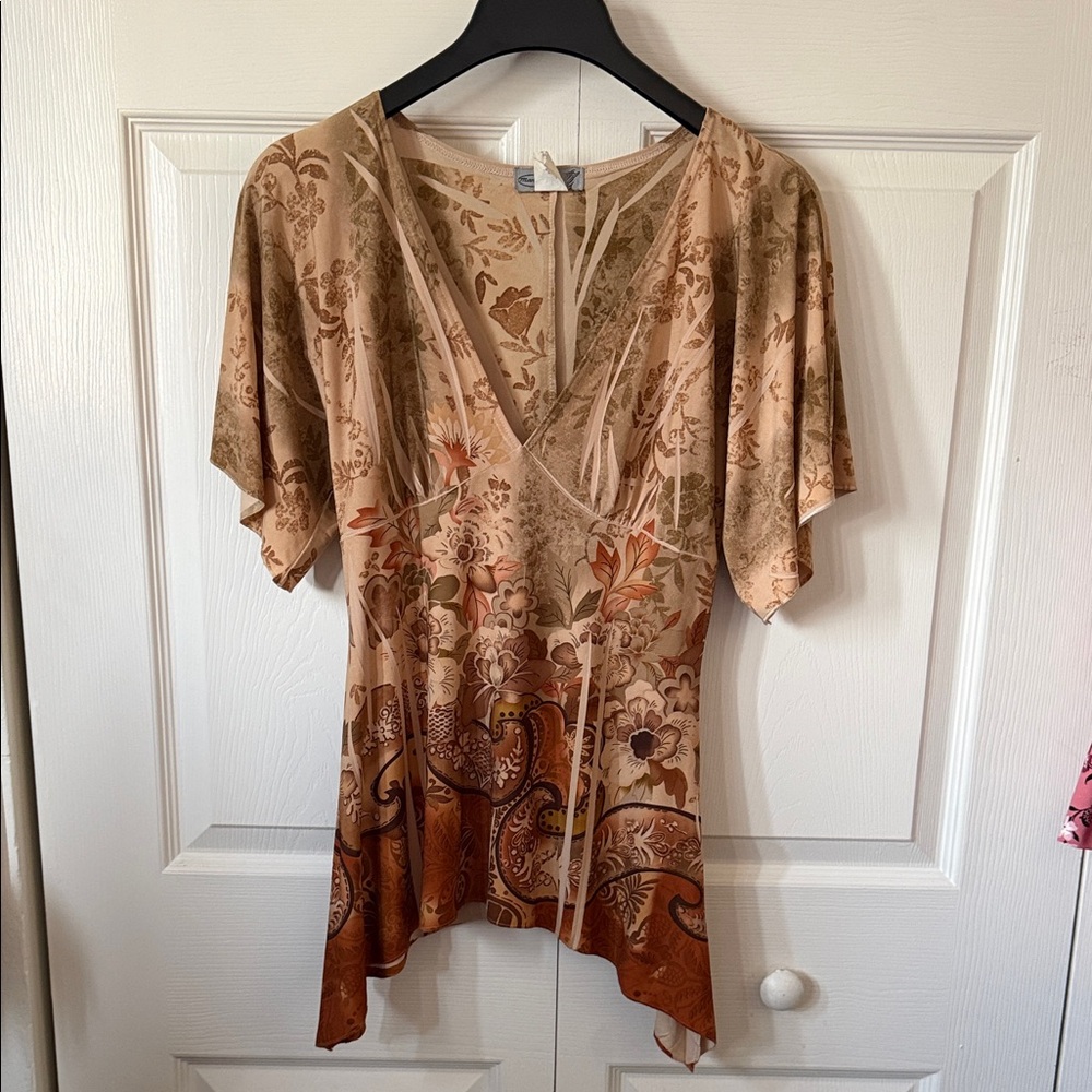 Women Boho Floral V-Neck Flutter Sleeve Blouse Flowy Tunic Top NWOT